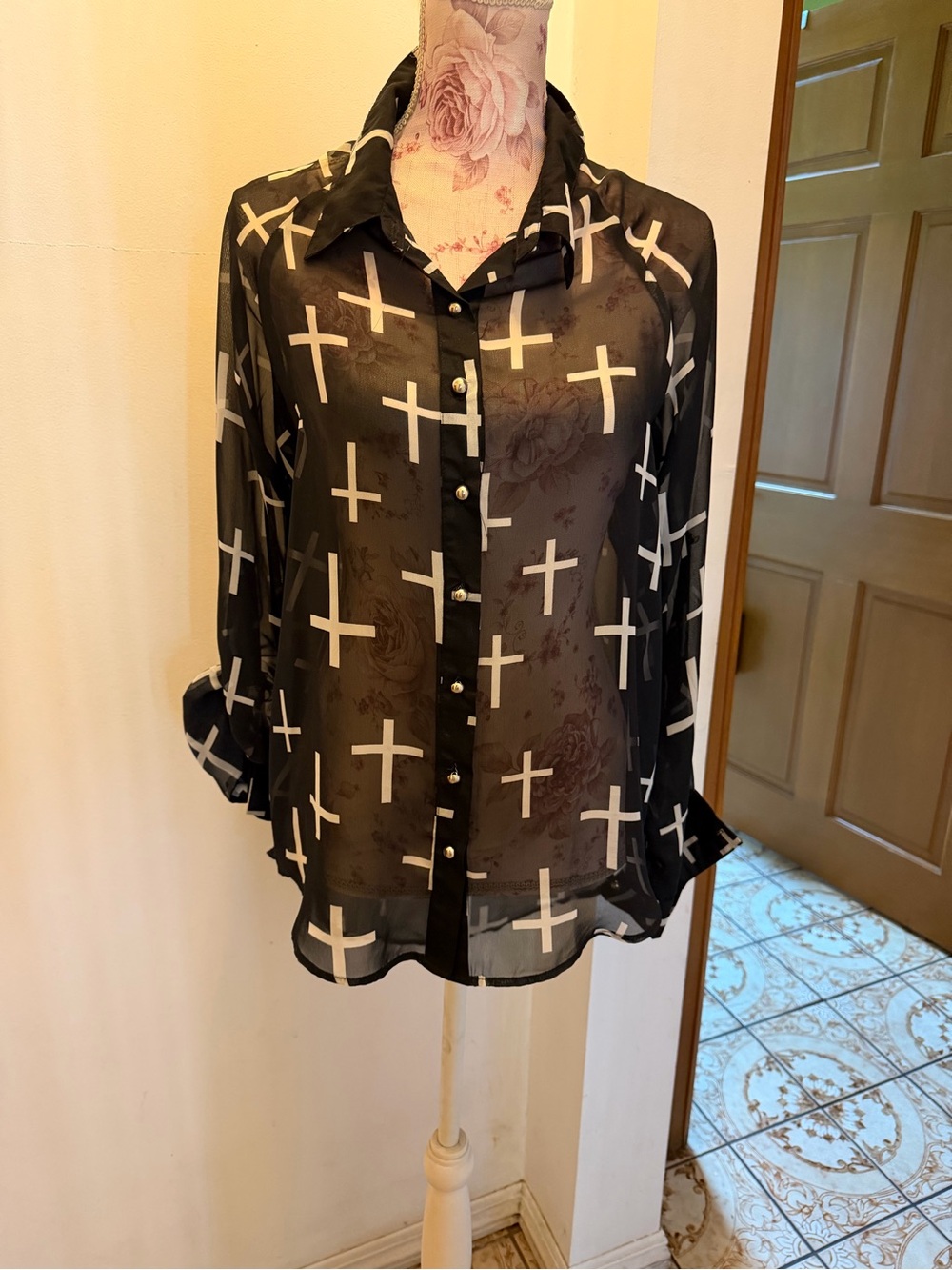 Black Sheer Button-Down Blouse with White Cross Print